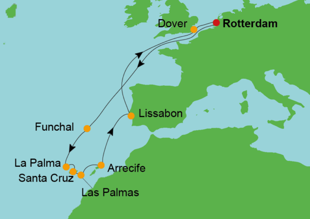 route cruise Canarische eilanden vanuit Rotterdam met de Nieuw statendam