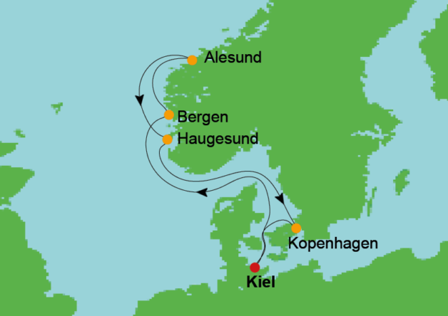 route Kiel Noorse Fjorden Noorwegen Mein Schiff Flow cruise outlet