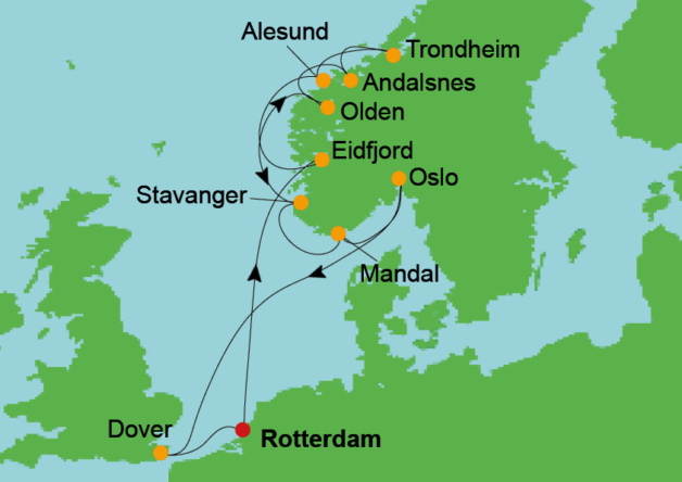 route Nieuw Statendam Fjorden vanuit Rotterdam