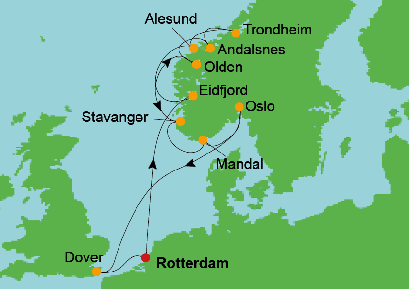 route Nieuw Statendam Fjorden vanuit Rotterdam